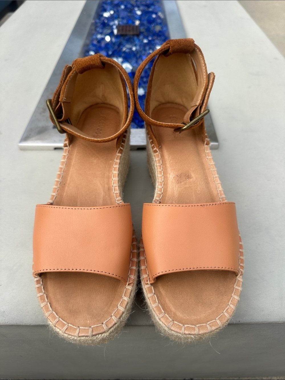 Soludos part leather, part suede, platform ankle buckle espadrilles.